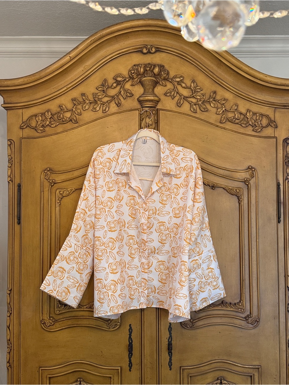 Women's White and Mustard Floral Button-Up Blouse